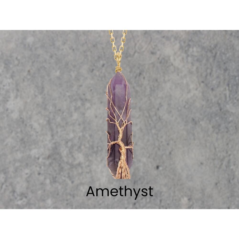 Amethyst Gold Tree of Life Crystal Wrapped Necklace Boho Fairycore